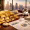 Is Gold a Good Way to Store Wealth? Gold bars on financial desk with charts and city skyline representing wealth storage.